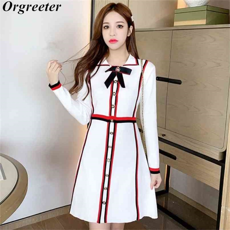 

Fall Winter Lapel Long Sleeve Pullovers Knitted Dress Hit color Striped Single-breasted Vintage Sweater With Cravat 210602, White