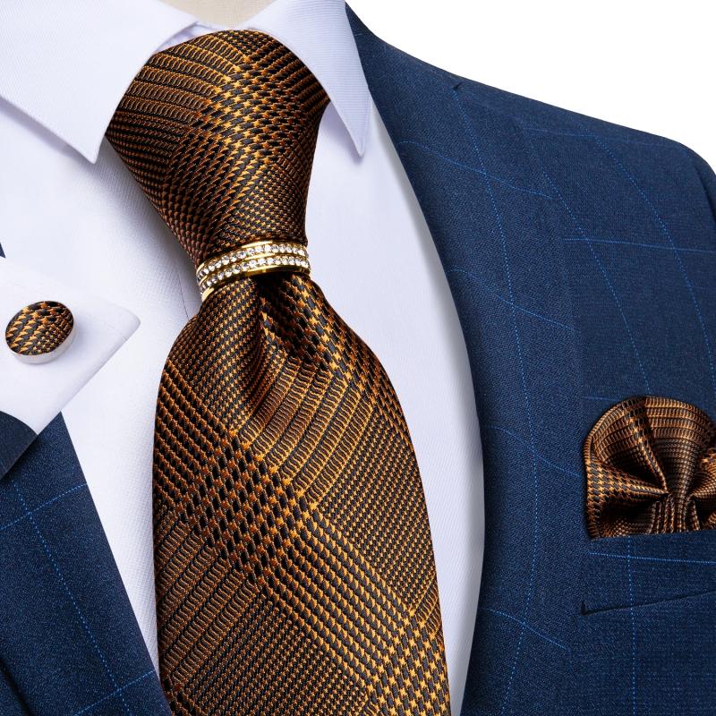 

Bow Ties Silk For Men Lxury Gold Black Tie Set Houndstooth Plaid Neck Handkerchief Cufflinks Marrige Accessories Ring