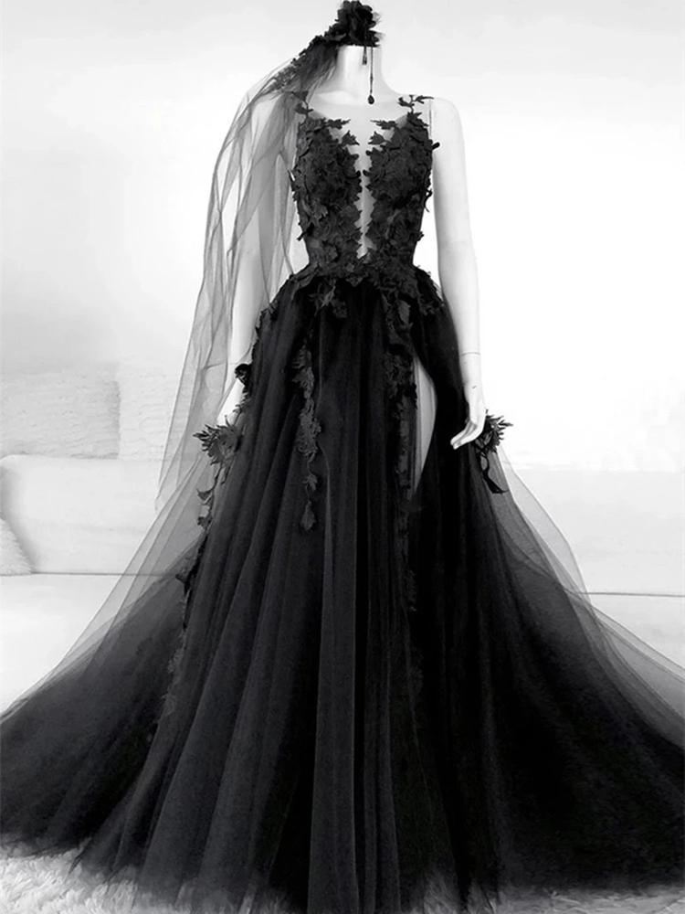 

Black Gothic Wedding Dresses Sleeveless Bridal Gown vestidos de novia 3D Floral Applique Side High Slit Custom Made Tulle Plus Size, Champagne