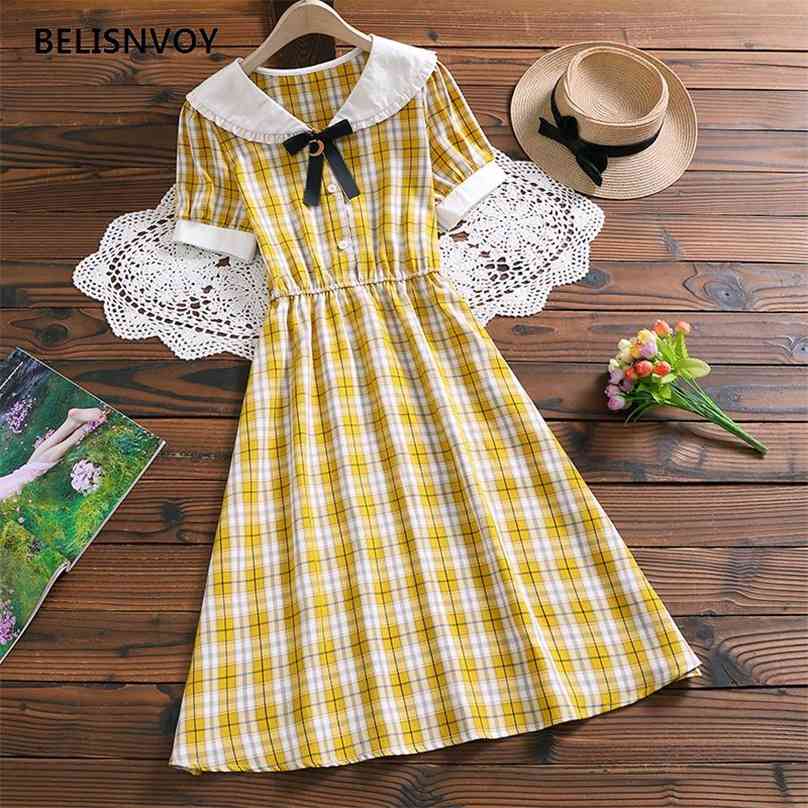 

Preppy Style Summer Women Sweet Dress Peter Pan Collar With Bow Plaid Vintage Vestidos Short Sleeve Elegant A-Line Midi 210520, Yellow