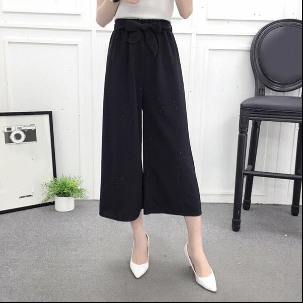 

womens pant lady wide legs high waist casual summer autumn solid thin pants loose culottes trousers ol career long, Black;white