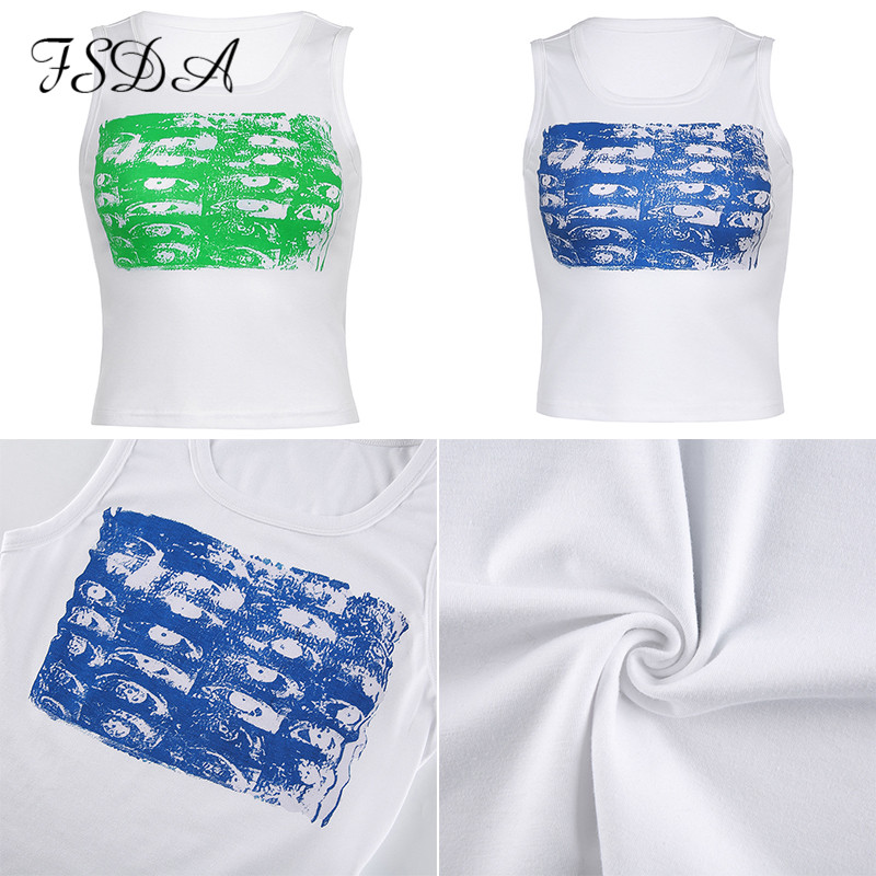 

2021 green y2k print casual crop women sleeveless summer blue t shirts off shoulder tank vintage fashionhigh quality, White