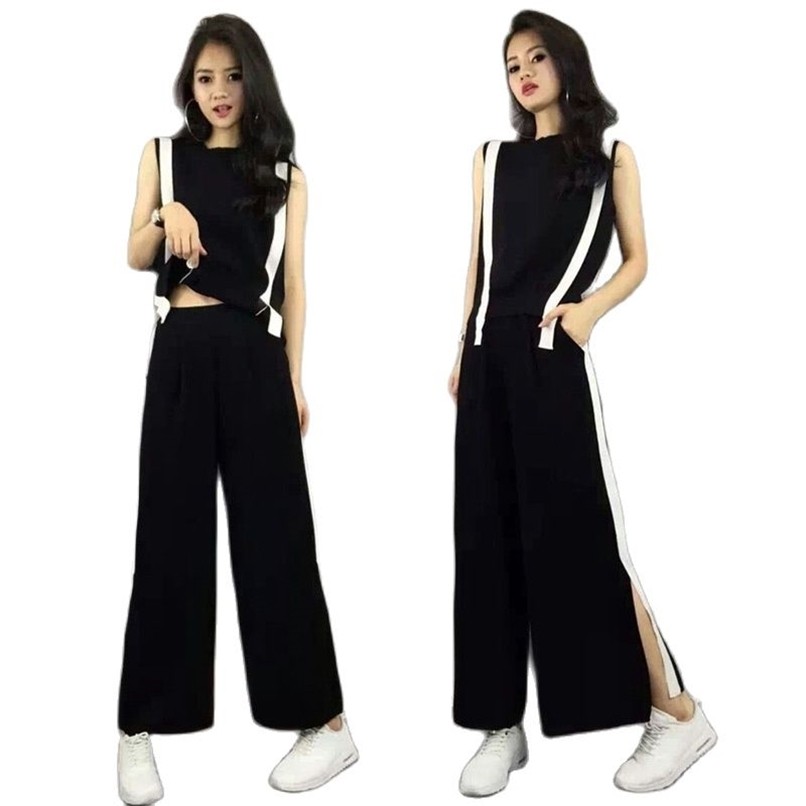 

Fashion women's suit summer ice silk round neck sweater open back contrast color nine-point wide-leg pants two-piece 210520, Black