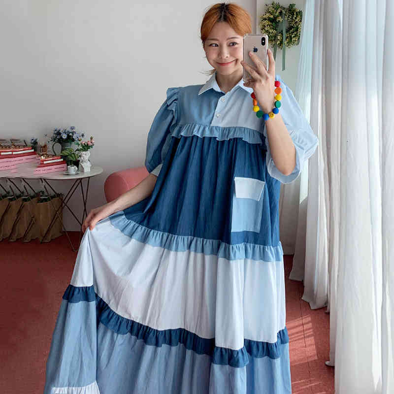 Casual Dresses Korean chic summer western style lapel wood ear stitching contrast color puff sleeve large swing dress female IXR9-image-701139337