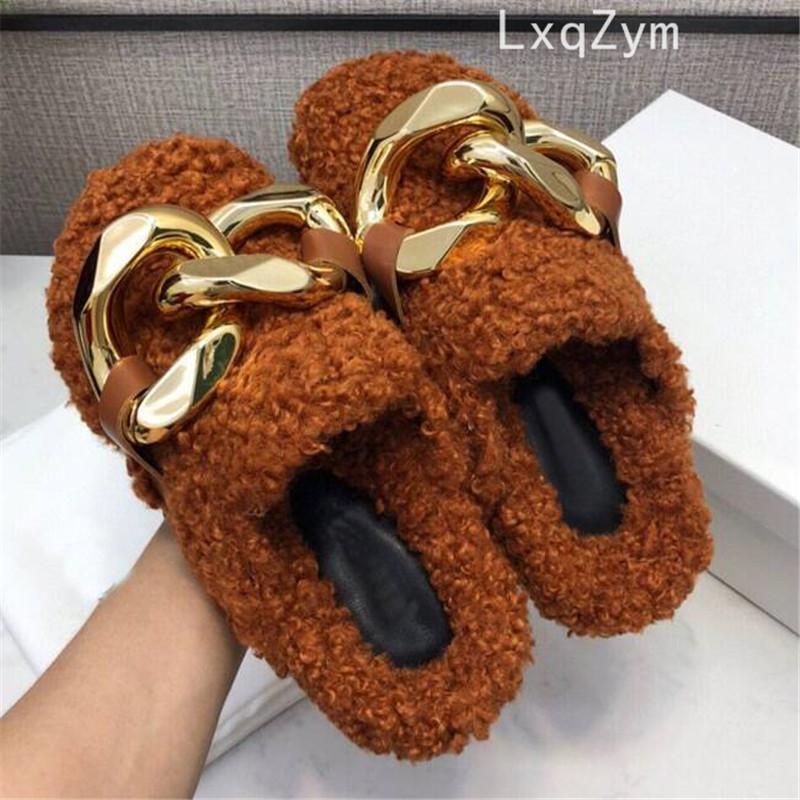 

Gold Chain Flat Wool Slippers Women Round Toe Lazy Mules Men Shoes Vacation Comfort Lover Loafers 2021 Outdoor Fur Slides, Black