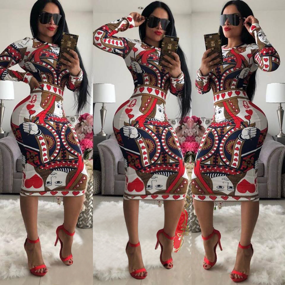 

Multicolor Print Novelty Bodycon Sheath Dress Women O Neck Long Sleeve Knee-length Casual Dress Elegant Slim Midi Party Dresses, V01-2619-6b