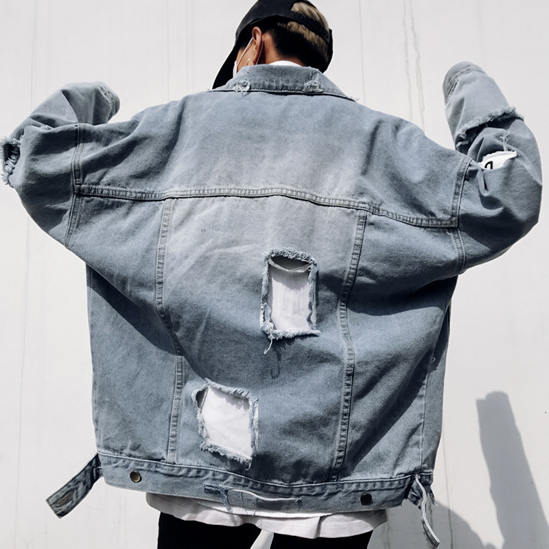 

QNPQYX Autumn Streetwear Beggar Ripped Denim Jacket Men' Korean Style Trendy Hip Hop Jacket Coat Loose Handsome Loose Clothes, Blue