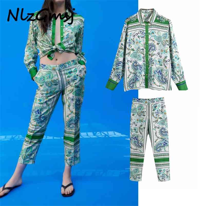 

Blouse Women Vinatge Printed Top Set Elegant Office Ladies Suits Female Pencil Pants Long Sleeve Suit 04 210628, As picture