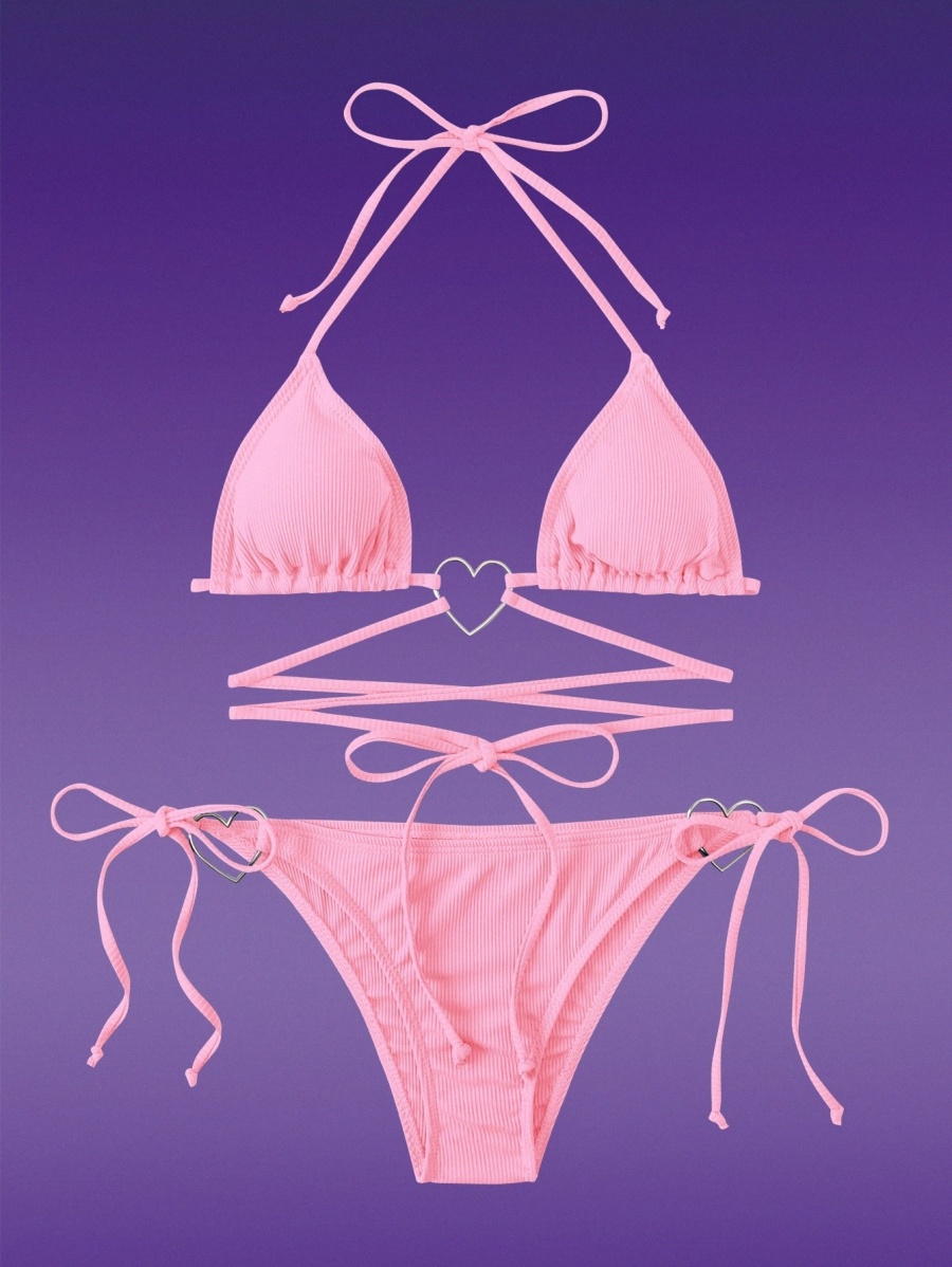 

ROMWE Gemini Heart Ring Linked Triangle Bikini Swimsuit k9Pi#, Pink
