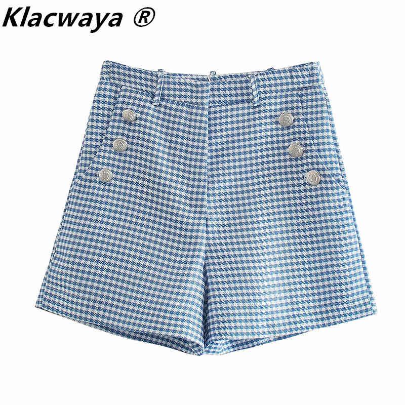 

Women Fashion Plaid Shorts Vintage High Waist Side Zipper Chic Button Becoration Female Short Ropa Mujer 210521, Blue