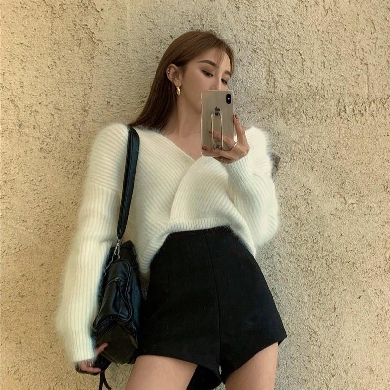 

Women's Sweaters Cross V Neck Sweater With Loose Mohair Long Sleeve Autumn Winter Gentle Wind White Temperament Top X1235, White;black