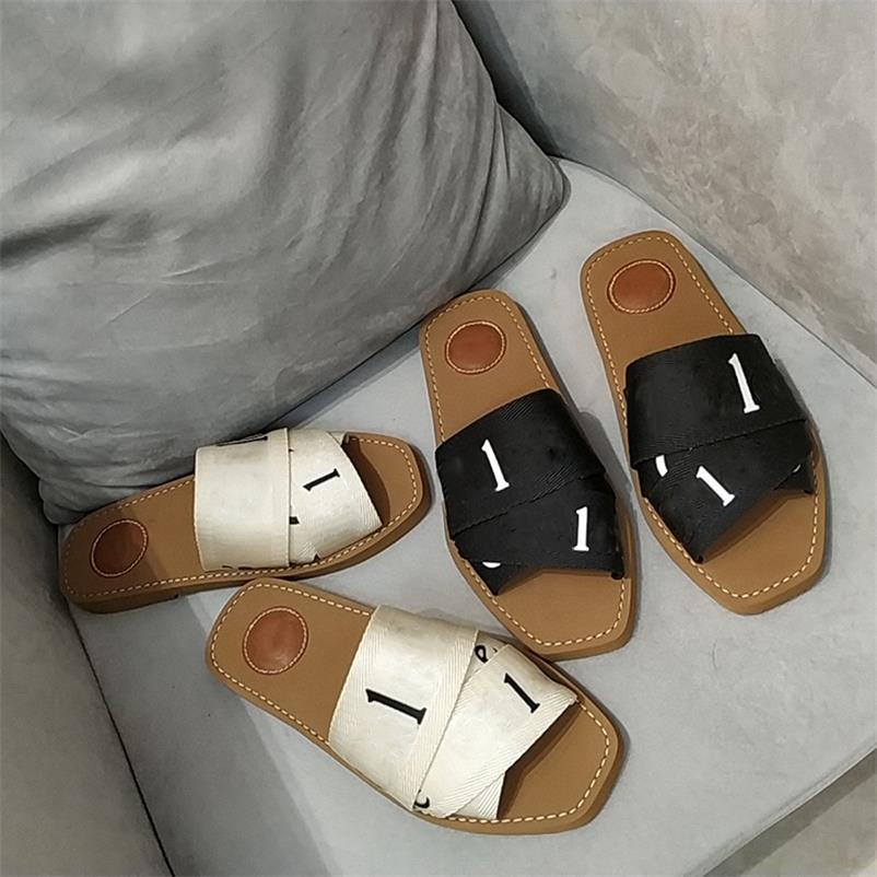 

Women Woody Flat Mule Designer Canvas Slippers calfskin sandals Rubber Bottom Summer Beach Shoes lettering flip flops With Box 35-42 NO290, Color 7