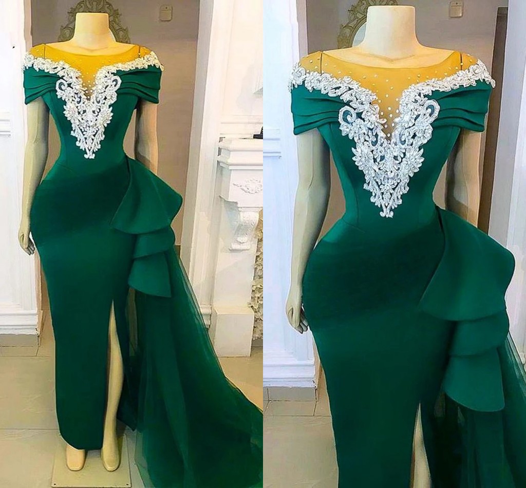 

Stunning Hunter South African Prom Bridesmaid Dresses Sheer Neck Short Sleeves White Lace Side Slit Tulle satin Beaded Party Pageant Evening Formal Gowns, Gold
