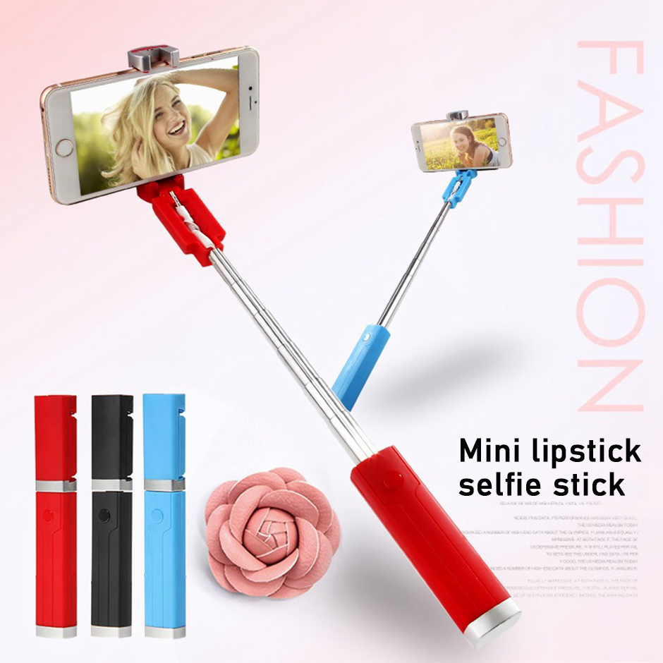 

Mini lipstick selfie stick easy carry portable phone selfie stick Extendable Handheld 63mm universal audio connected selfie for samsung huawei xiaomi moto