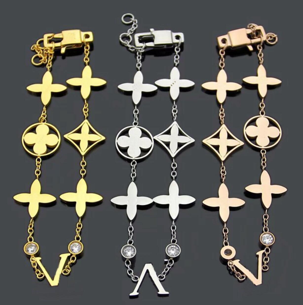 

2021 Europe America Style Lady Women Titanium Steel Hollow Out V Initials 6 Motif Four Leaf Flower Double Diamond Chain Bracelet 3 Color, Golden;silver