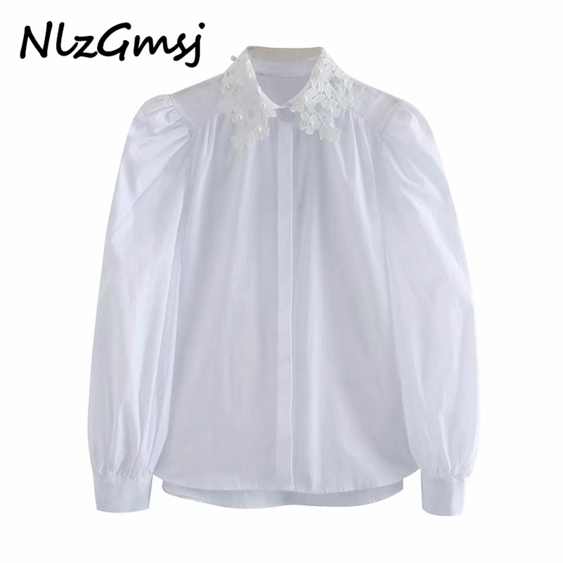 

Women Fashion Pearl Beading Patchwork Asymmetric Blouses Vintage Long Sleeve Button-up Female Shirts Chic Tops 210628, As picture