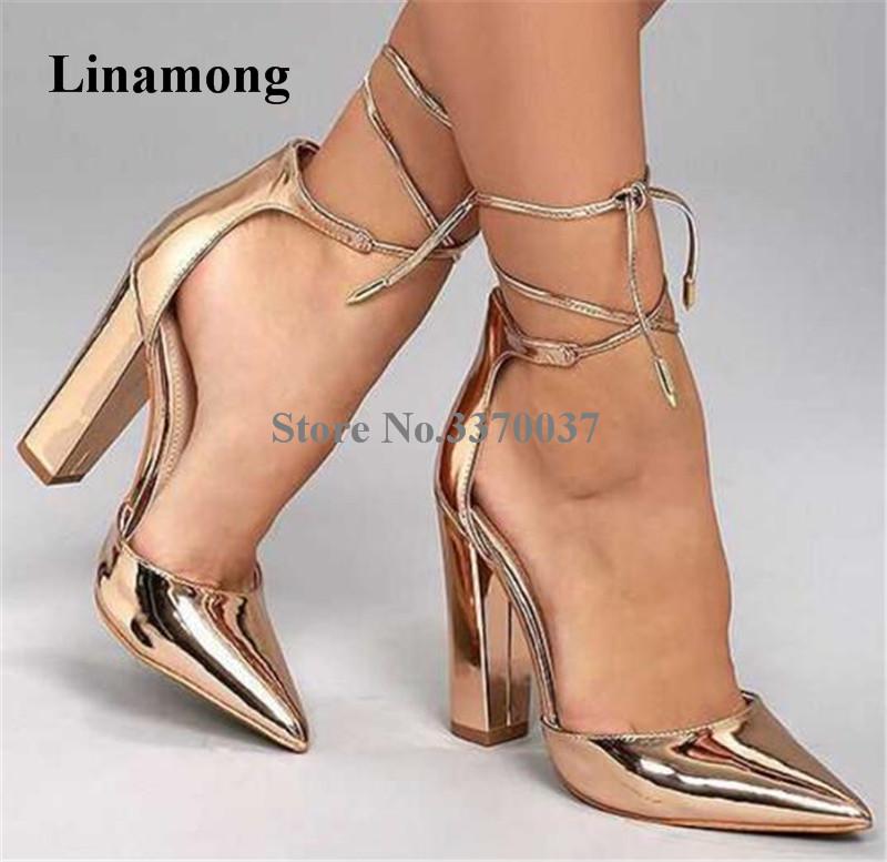 

Linamong Fashion Women Pointed Toe Chunky Heel Pumps Lace-up Gold Black Blue Thick Super High Heels Formal Dress Shoes Sandals