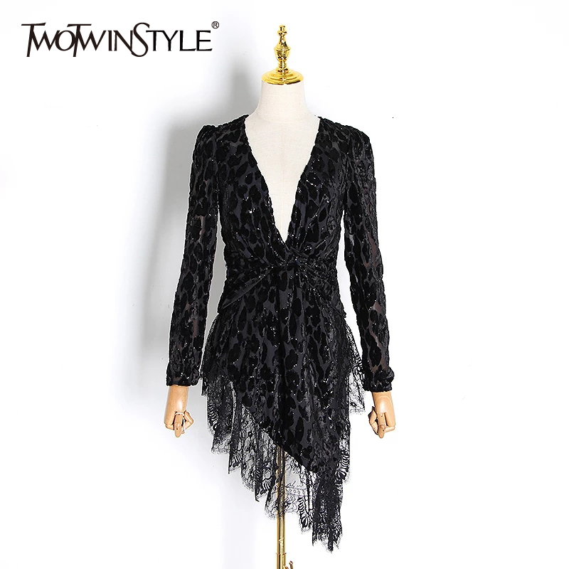 

Patchwork Lace Print Blouses For Female V Neck Long Sleeve High Waist Irregular Shirts Women Fashion Clothing 210524, Black