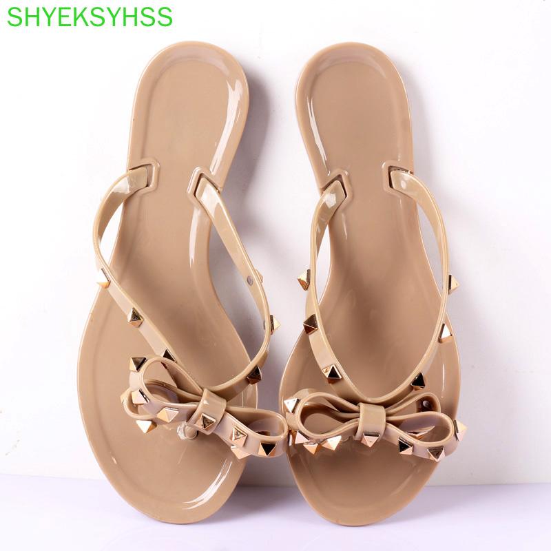 

Sandals 2021 Fashion Woman Flip Flops Summer Shoes Cool Beach Rivets Big Bow Flat Brand Jelly Girls Size 36-41, Black