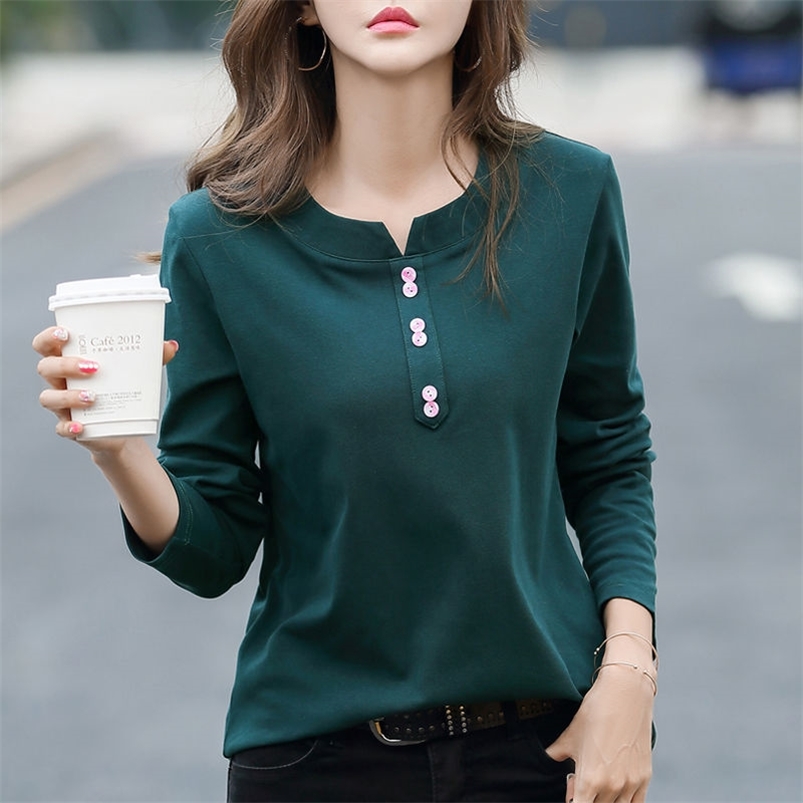 

100% Cotton T Shirt Woman Spring Fashion Long Sleeve Shirt V Neck Woman T-shirt Loose Korean Style Plus Size Women Shirts 210722, Dark green