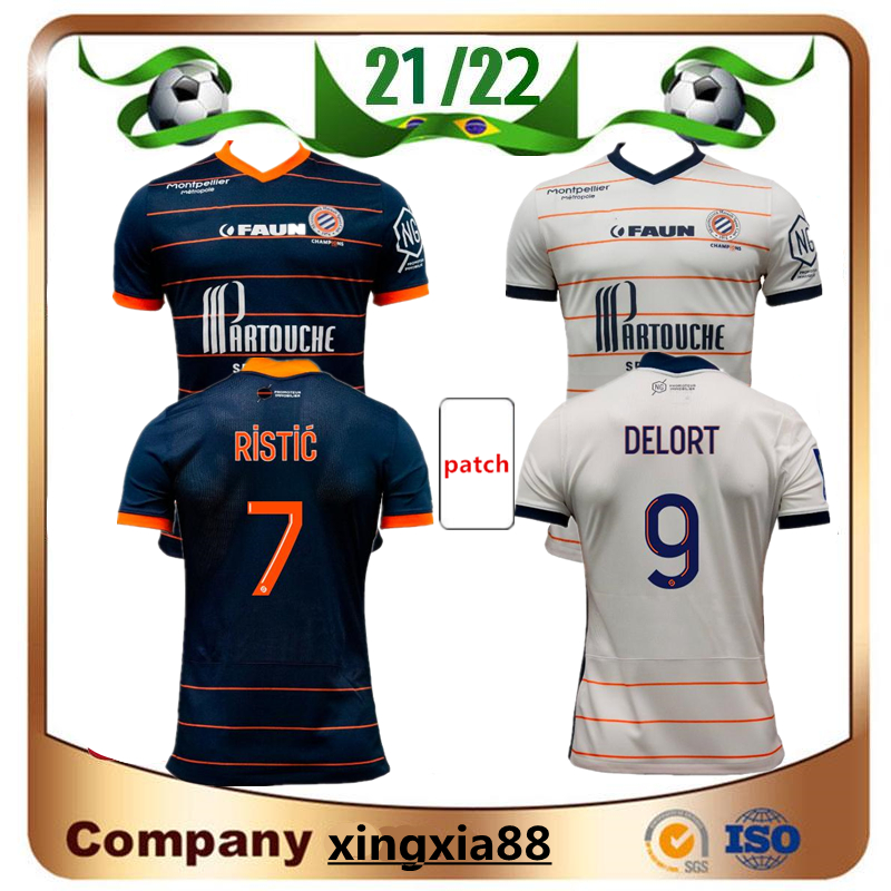 

21 22 maillots Montpellier soccer jerseys home away DELORT LABORDE SAVANIER MAVIDIDI 2021 2022 WAHI MOLLET SKULETIC fOOTBALL SHIRTS uniforms jersey dark blue, 21/22 home