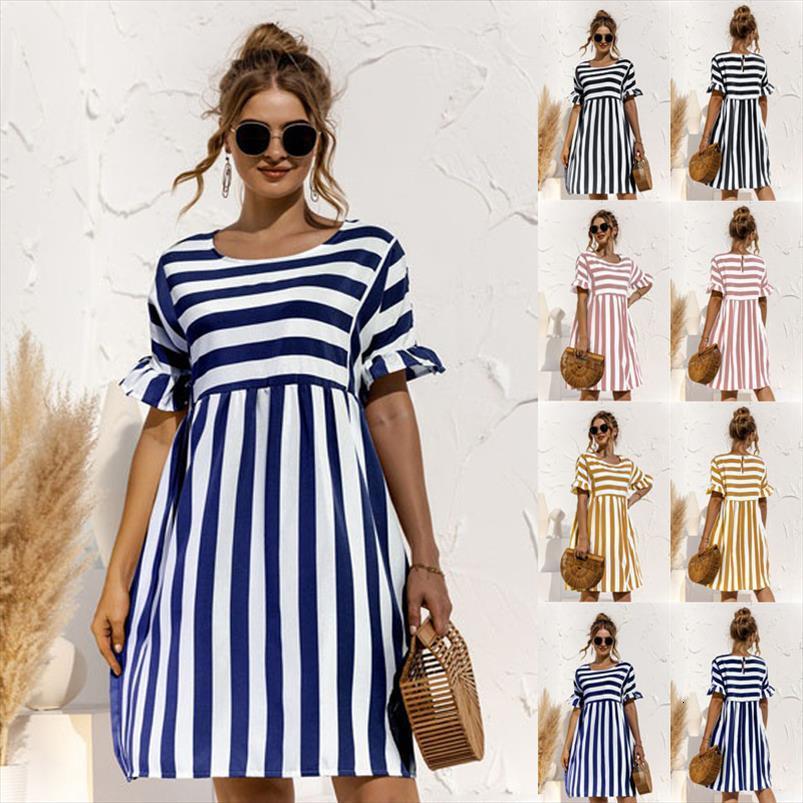 

summer cute loose striped women dress print ruffles sleeves elegant a line patchwork beach party female vestidos, Black;gray