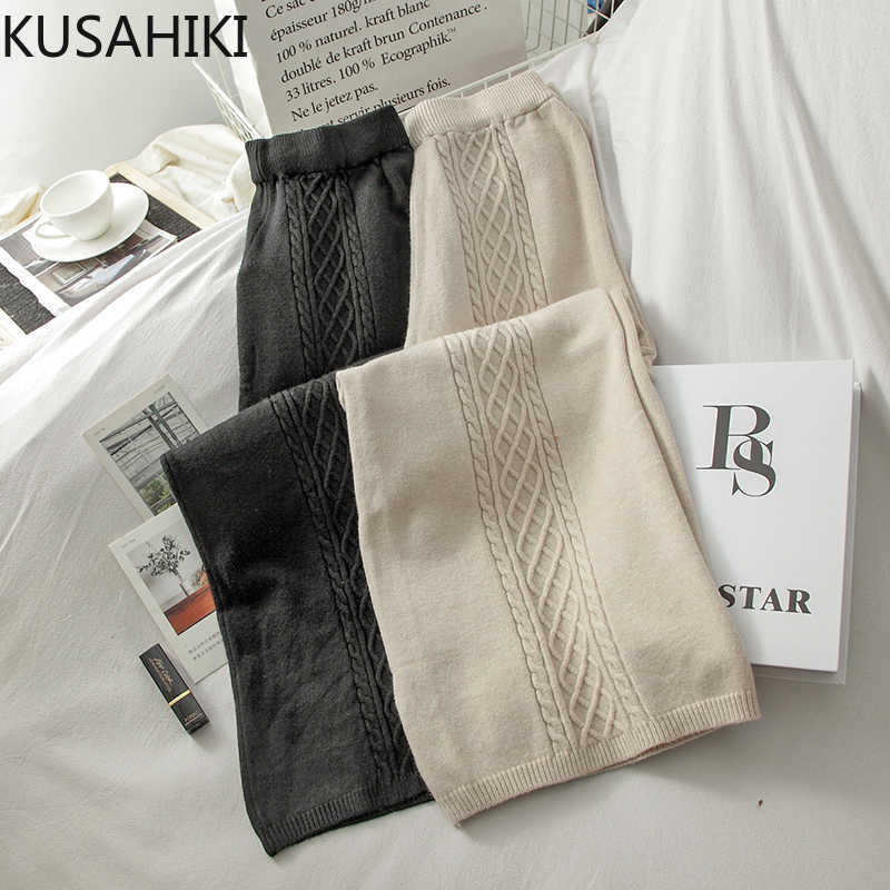 

KUSAHIKI Knitted Twisted Wide Leg Pants Korean High Waist Women Trousers Spring Sweater Pants Mujer Pantalones 6E272 210602, Apricot