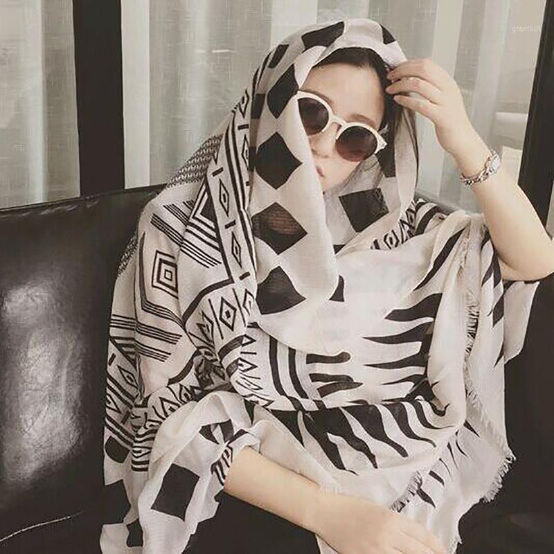 

Scarves Fashion Women Long Scarf Wrap Vintage Cotton Linen Large Shawl Hijab Elegant Print Pattern, Blue;gray
