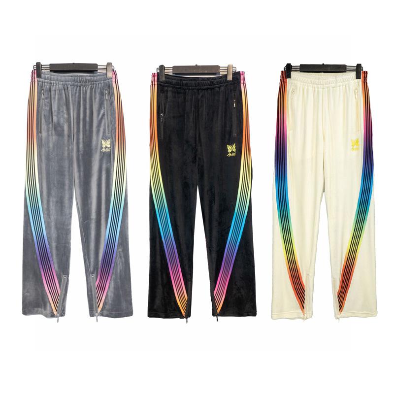 

Men' Pants Needles AWGE Trousers Quality Velvet Side Color Webbing Men Women Casual Sweatpants Butterfly Embroidery