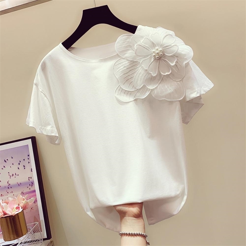 

Summer Women's O Neck Stereoscopic Beading Flower Short Sleeves T-Shirt Tee Girls Pullover Casual Tops Tees A2637 210519, Beige