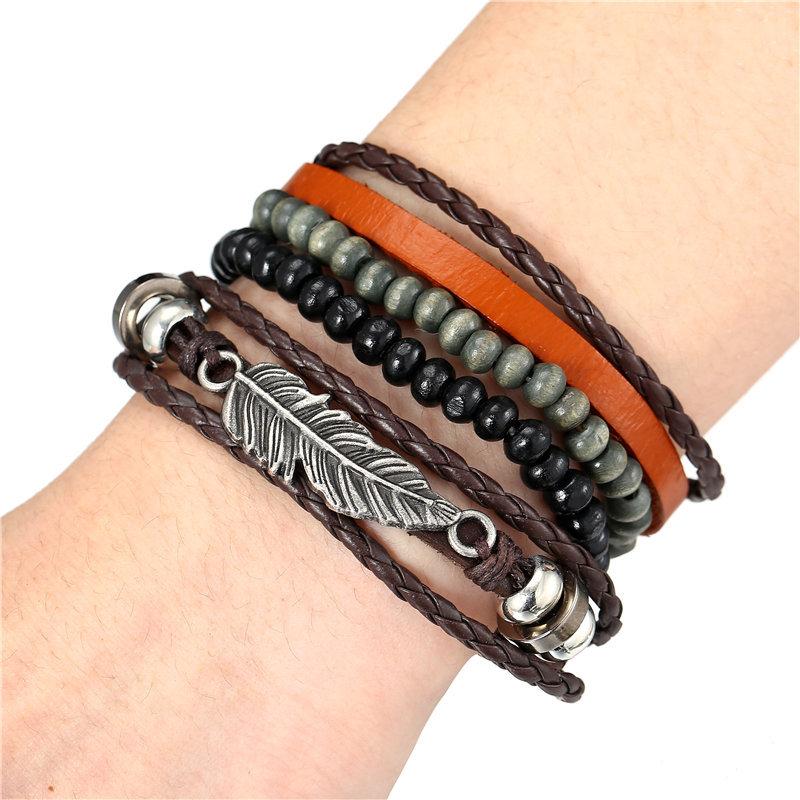 

Charm Bracelets Genuine Leather Bracelet Men's Women's Multilayer 4PCS/Set Woven Rope Wood Bead Tribal Wristband 2021
