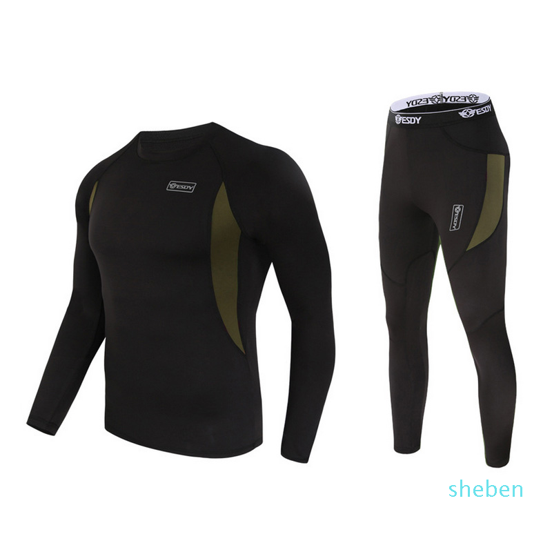 

Outdoor ESDY Spring Autumn Sport Fleece Thermal Warm Sweat compression Underwear Tactical Hiking T-shirt Set Men, Army green