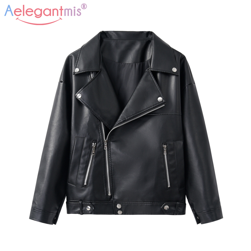 

Aelegantmis New Loose PU Faux Leather Jaet Women Classic Moto Biker Jaet Autumn Winter Lady Basic Coat Plus Size Outerwear, Black