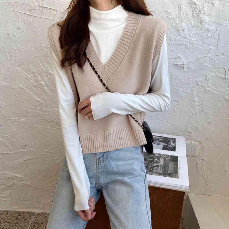 

Lucyever Outwear V-neck Autumn Vest Womens Preppy Style Candy Color Knitted Sweaters Women Sleeveless Korean Pullovers Femme 210521, White