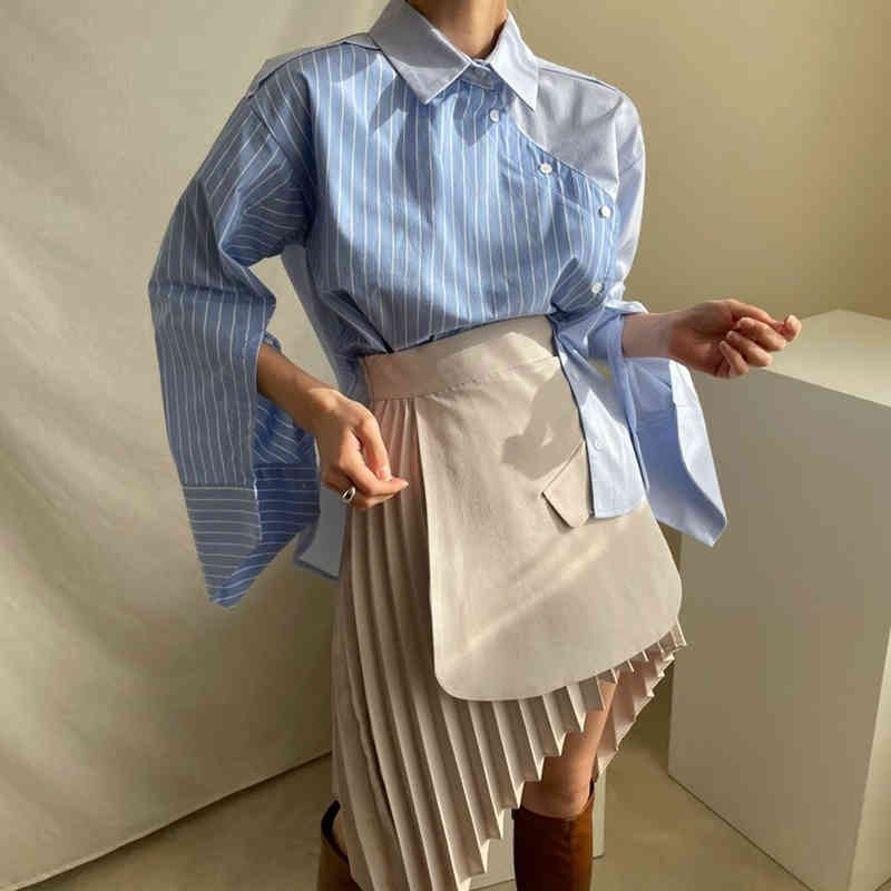 

Chic Shirt Woman Spring Korean Retro Striped Irregular Stitching Design Turn Down Collar Flared Sleeve Blouse, White