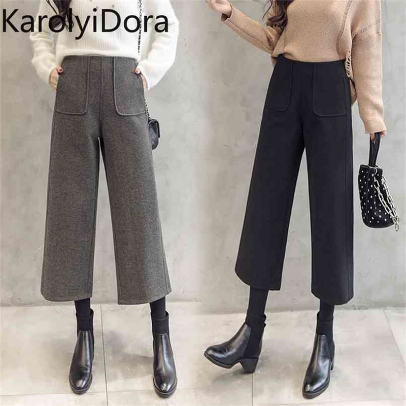 

winter fashion high waist women' wool wide leg pants thick warm loose casual harem office ladies 210520, Gray