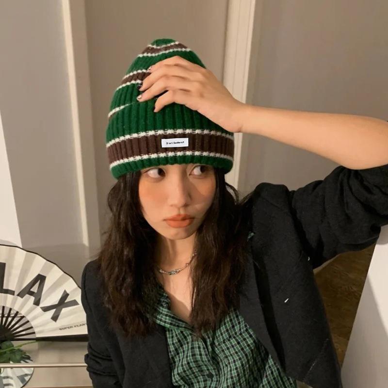 

Beanies Korean Style Women Crochet Green Knitted Bucket Hat Contrast Candy Color Striped Brim Hip Hop Foldable Fisherman Gorras