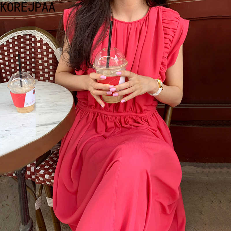 

Korejpaa Women Dress Summer Korean Fashion Chic Solid O Neck Fold Design Slim High Waist Big Swing Long Dresses Female 210526, Apricot