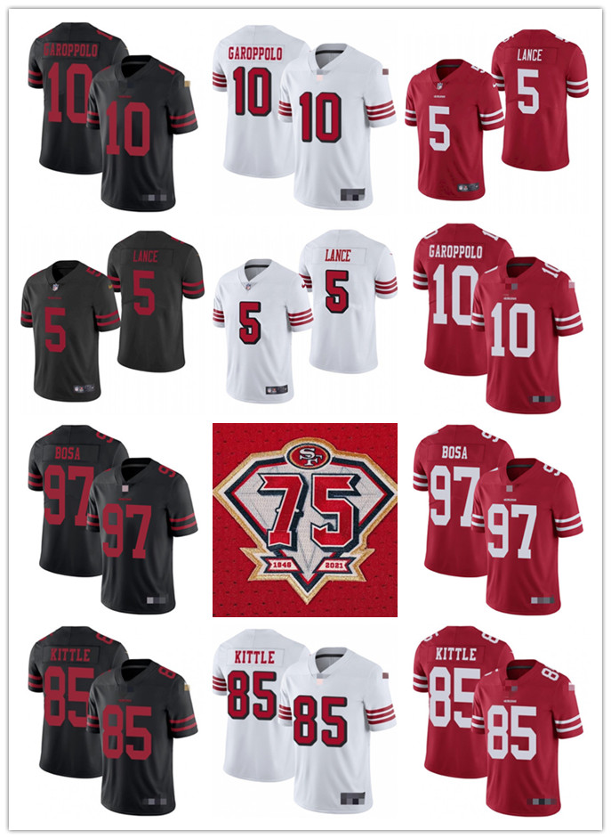 

75th Men Women Youth San Francisco49ers85 George Kittle 10 Jimmy Garoppolo 5 Trey Lance 97 Nick Bosa Custom Football Jersey, Colour