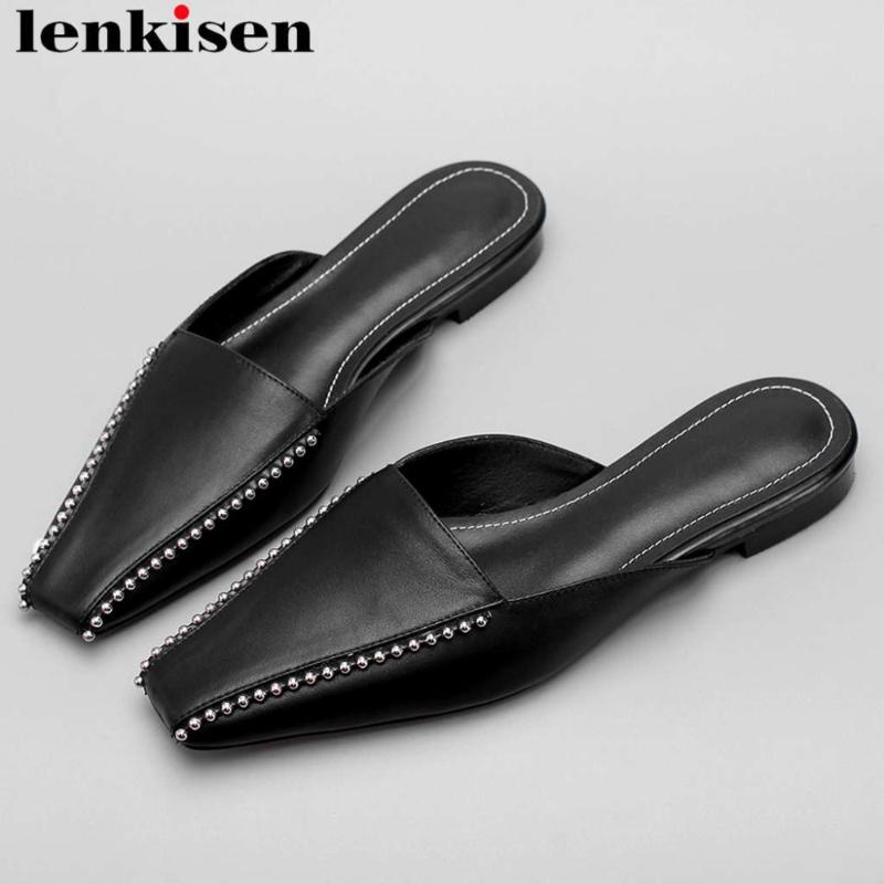 

Slippers Lenkisen Handmade Natural Leather Metal Beading Decoration Slip On Mules Classic Square Toe Large Size Party Women L30, Black