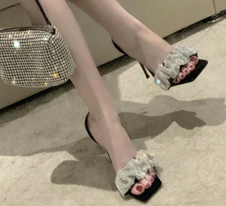 

#79805 Summer women Sandals Rhinestone square-toe sandal fairy style lady high heels open toe stiletto half slippers women's slipper sandalies 35-40