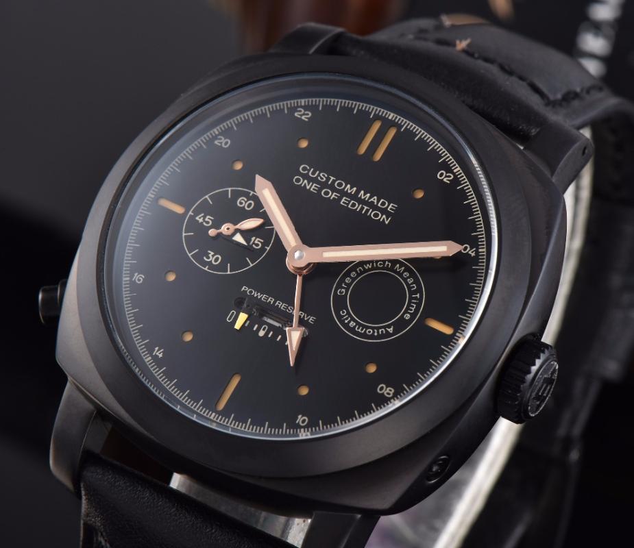 

Wristwatches Men's Watch 44MM High Mineral Glass Black Dial Stainless Steel Leather Automatic Movement PS-001, As pic
