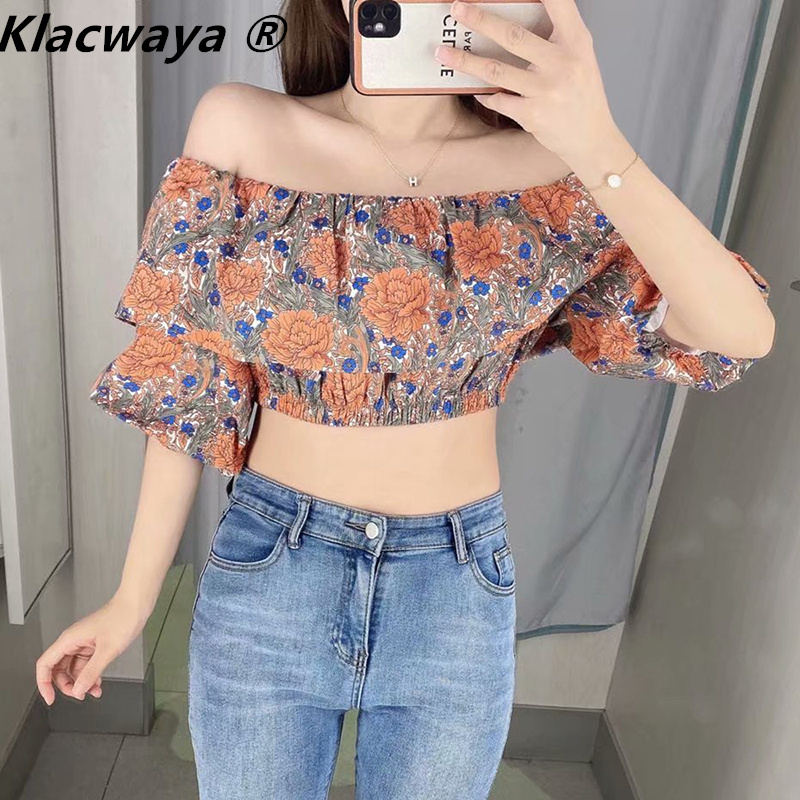 

Za Woman Vintage Floral Print Off Shoulder Crop Top Women Fashion Elastic Ruffle Short Puff Sleeve Summer Blouses 210521, Printing