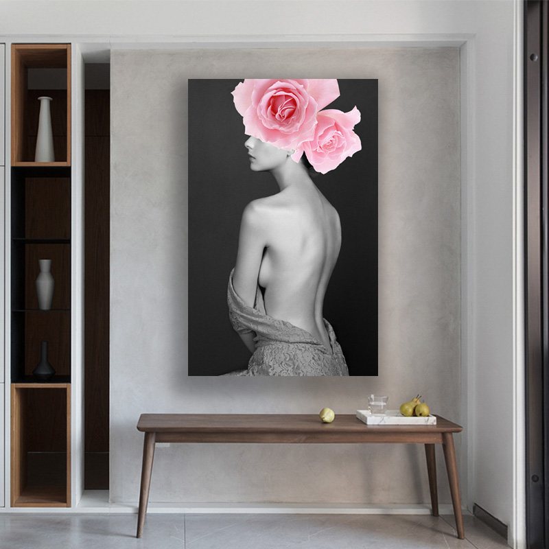 

Modern Black White Portrait Painting Naked Sexy Woman Flowers Print On Canvas Wall Art Picture Home Room Decor No Frame