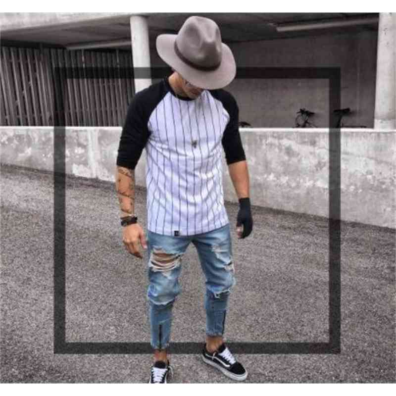 

Men's Men Hip Hop Ripped Washed Jeans Zipper Design Draped Holes Long Pencil Pants Skinny Trousers for Males, 1895 black