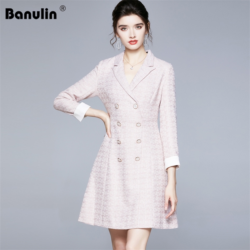 

Autumn Winter Fashion Designers Runway Woman Clothes Elegant Full Sleeve Luxury Pear Buttons Slim Pink Tweed Woolen Dress 210603