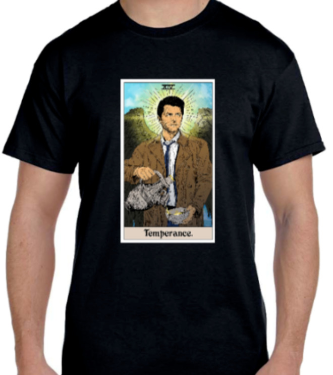 

R1 Supernatural Castiel The Angel Temparance Mystic Tarot Black T-Shirt S-6XL, White;black