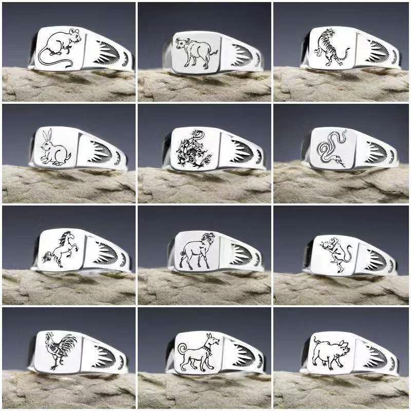 

Cluster Rings Lovely Vintage Zodiac White Copper Opening For Men Engagement Party Wedding Jewelry Adjustable Animals Ring Accessories