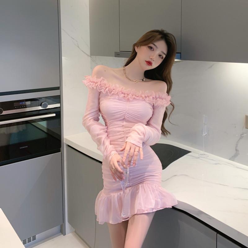 

Casual Dresses Women Sexy Ruched Waist Off The Shoulder Slash Neck Pink Mermaid Dress Mini Sweet Ruffled Trumpet Vestido De Mujer, Black;gray