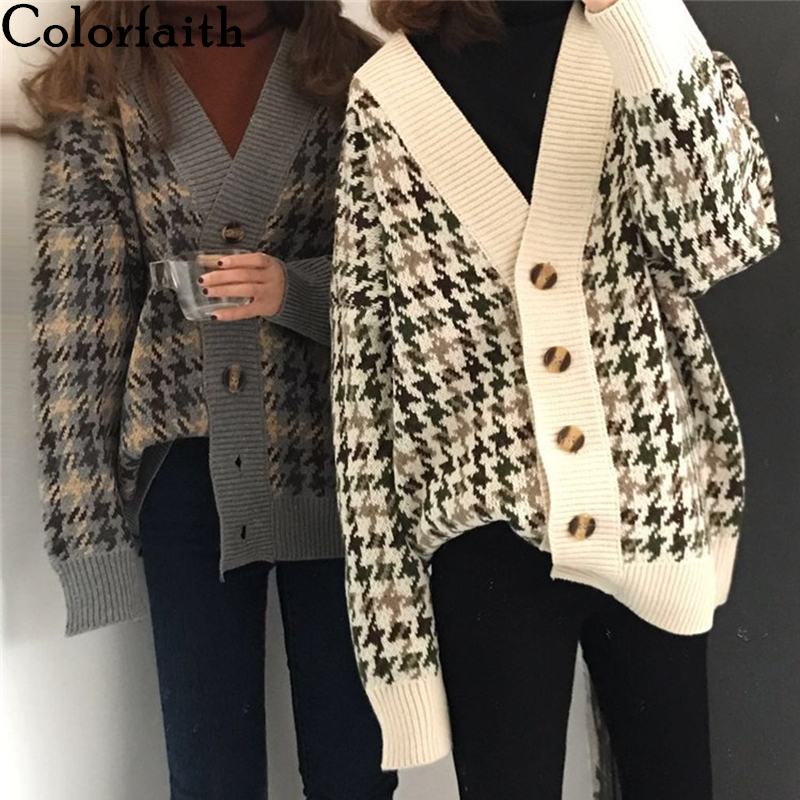 

Colorfaith New 2021 Autumn Winter Womens Sweaters Buttons Cardigans Plaid Harajuku Oversize Korean Knitted Lady Tops SWC1203JX, Default color